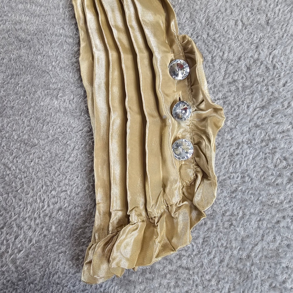 MSK Gold Pleated Shimmer Blouse Rhinestone Button Ruffle Top Womens Large - Picture 7 of 7